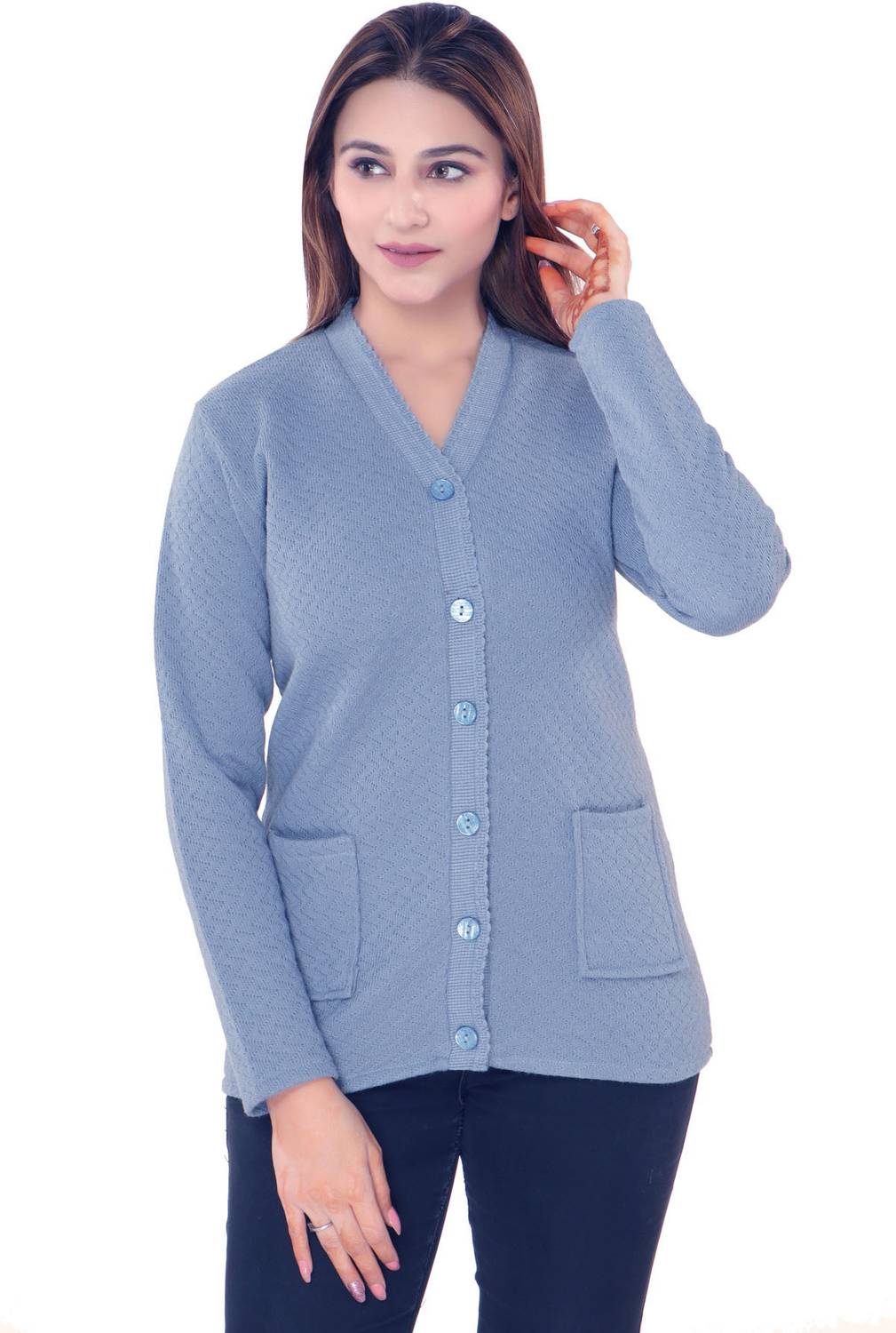 aarbee Solid V Neck Casual Women Blue Sweater