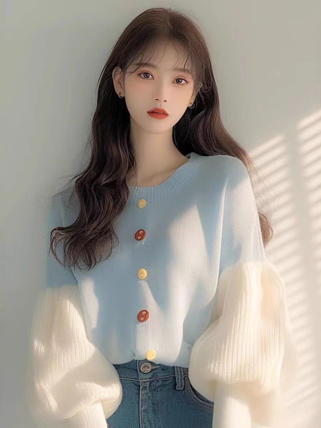 Image of HERE&NOW Colorblock Round Neck Casual Women Blue Sweater