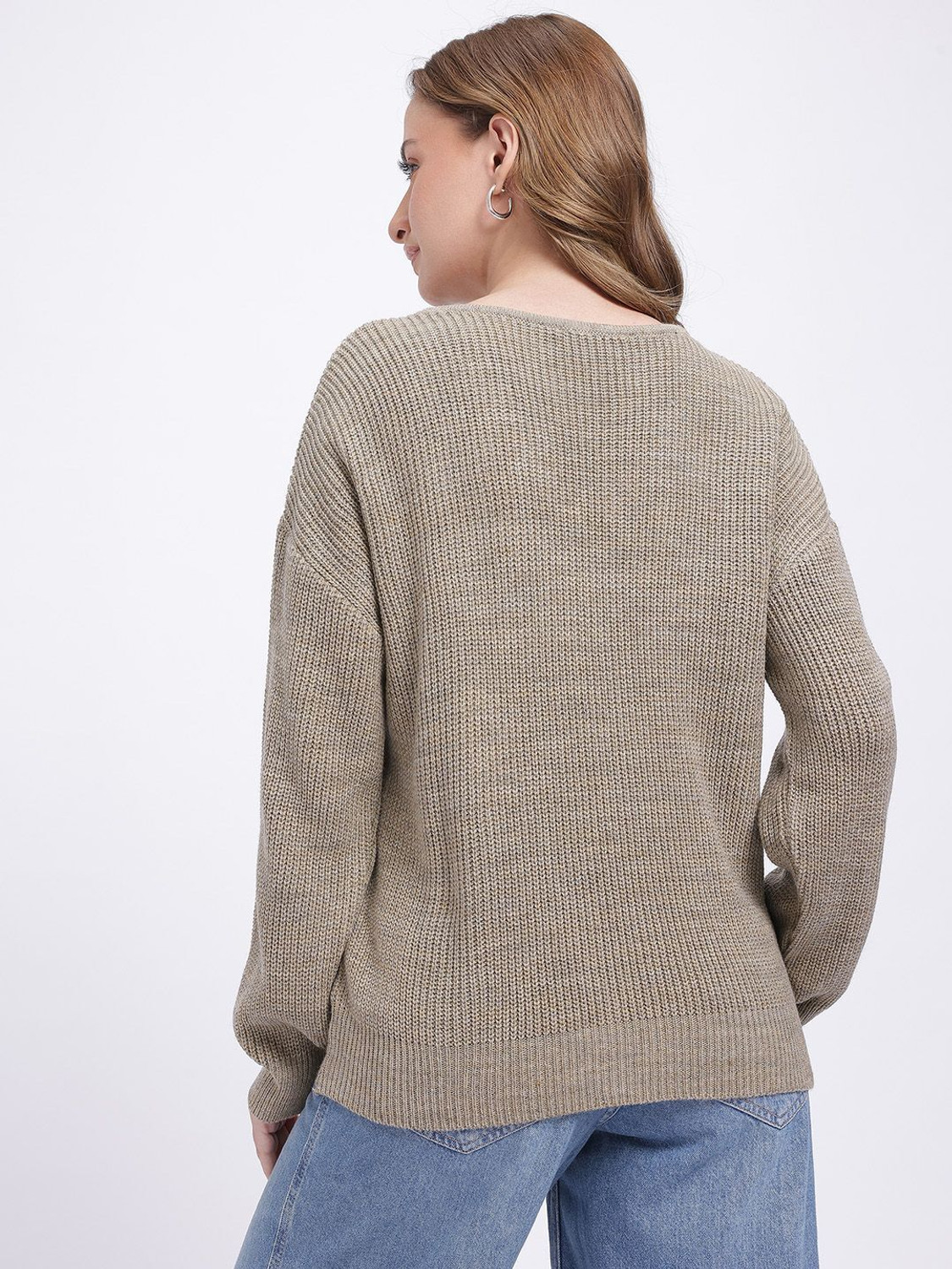 Image of Glitchez Self Design V Neck Casual Women Grey Sweater