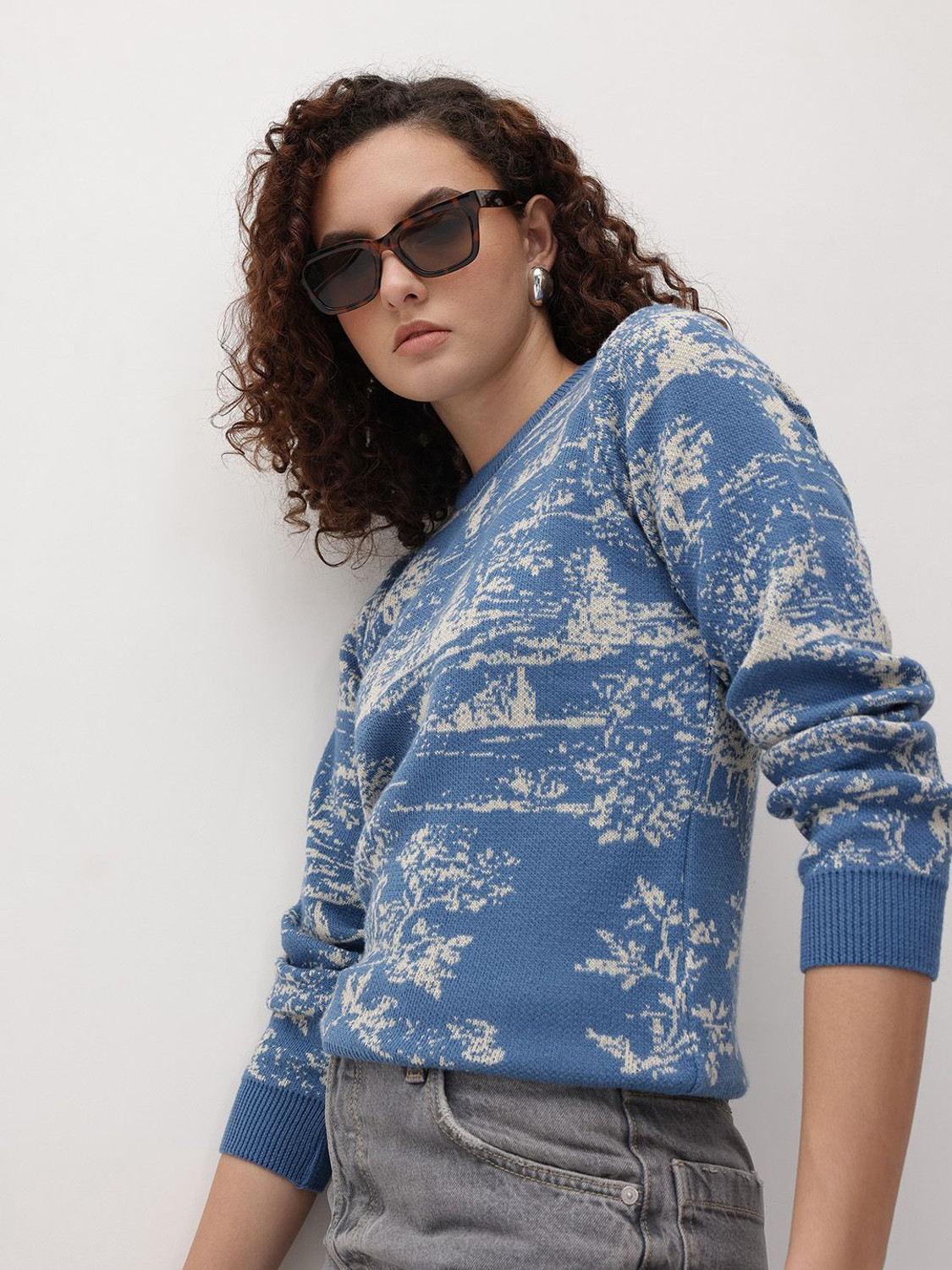 Image of Roadster Self Design Round Neck Casual Women Blue Sweater