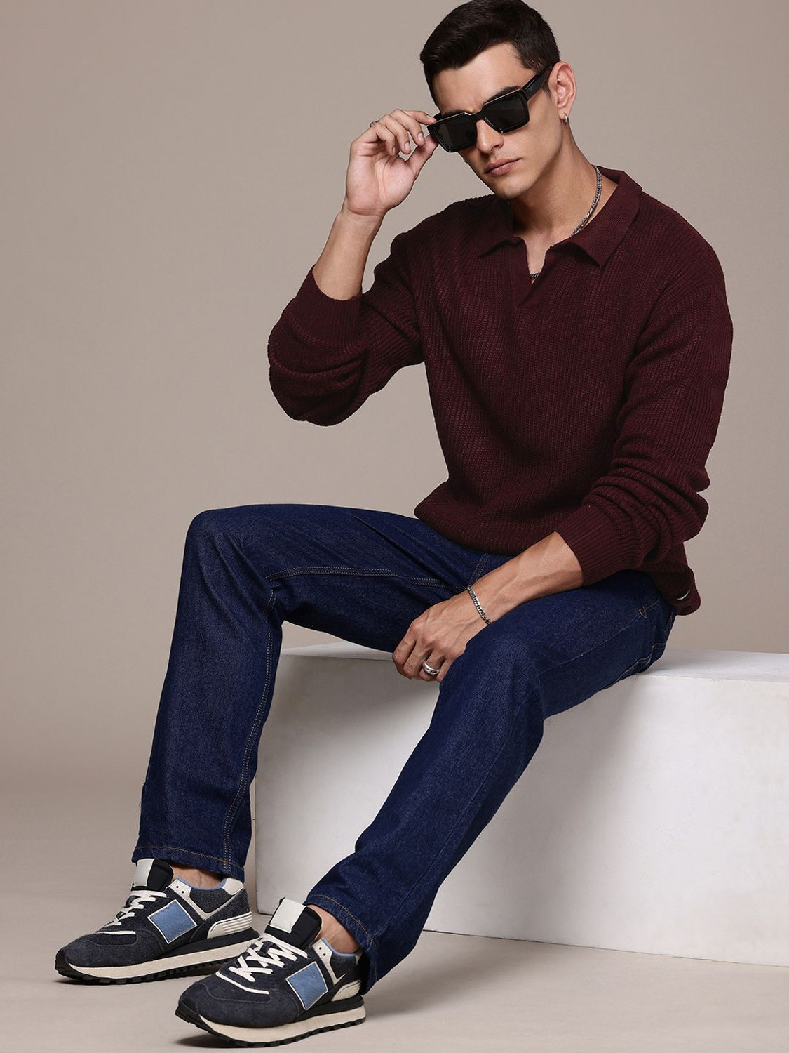 Image of Roadster Solid Collared Neck Casual Men Maroon Sweater