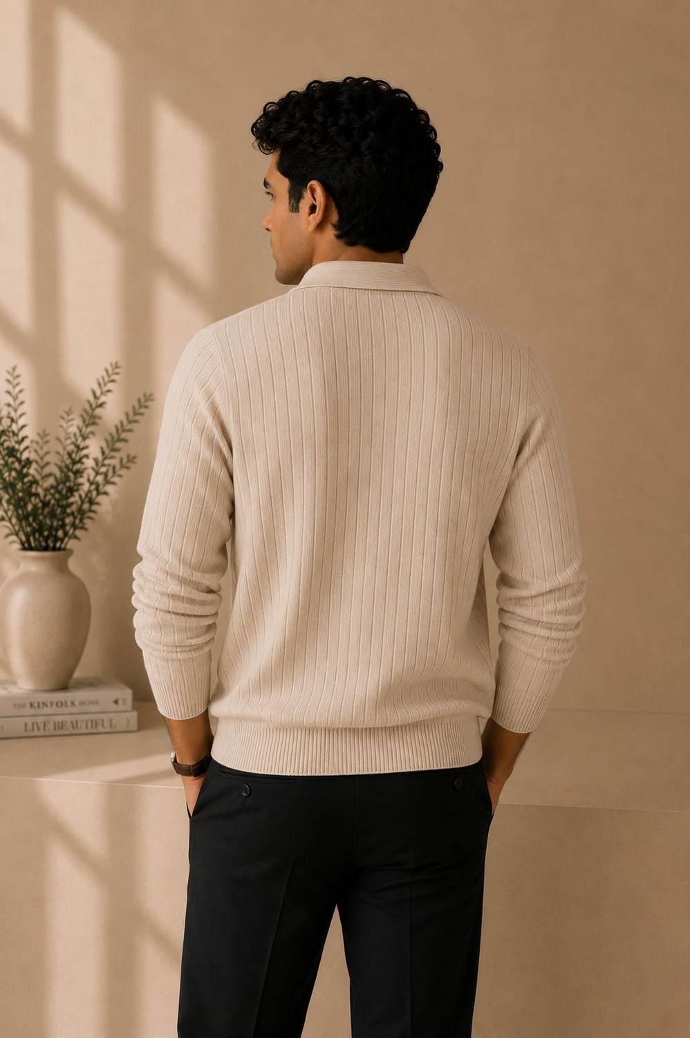 Image of KaramKar Self Design Collared Neck Casual Men Beige Sweater