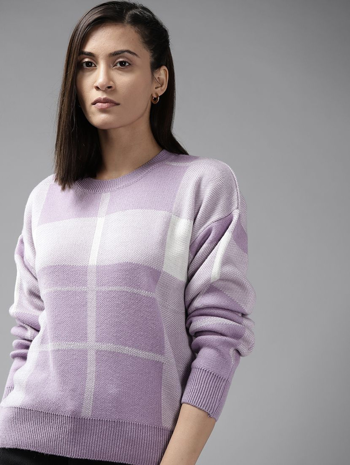 Image of Roadster Checkered Round Neck Casual Women Purple Sweater