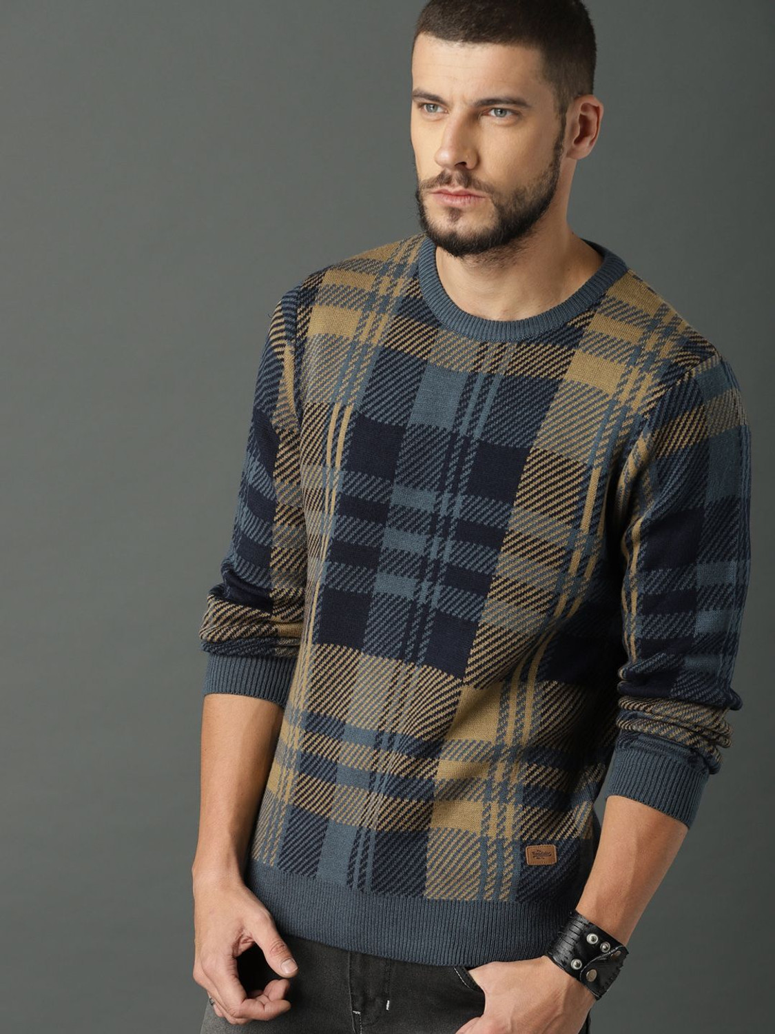 Image of Roadster Checkered Round Neck Casual Men Grey Sweater