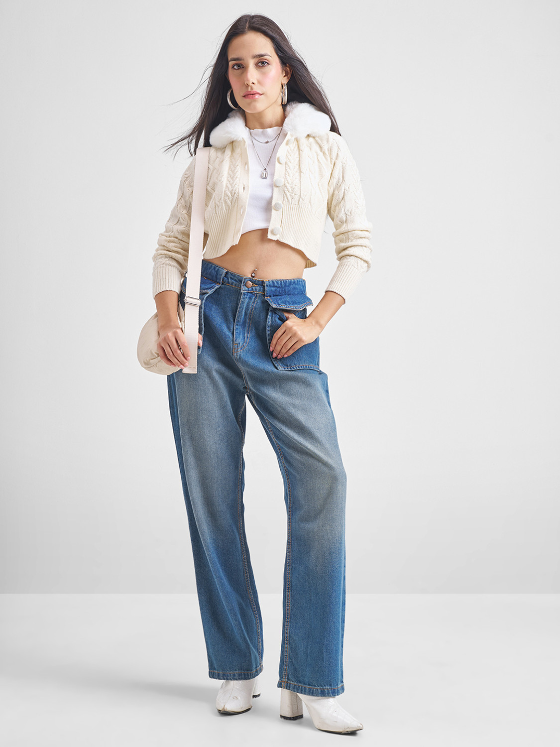 Image of Tokyo Talkies Solid Collared Neck Casual Women White Sweater