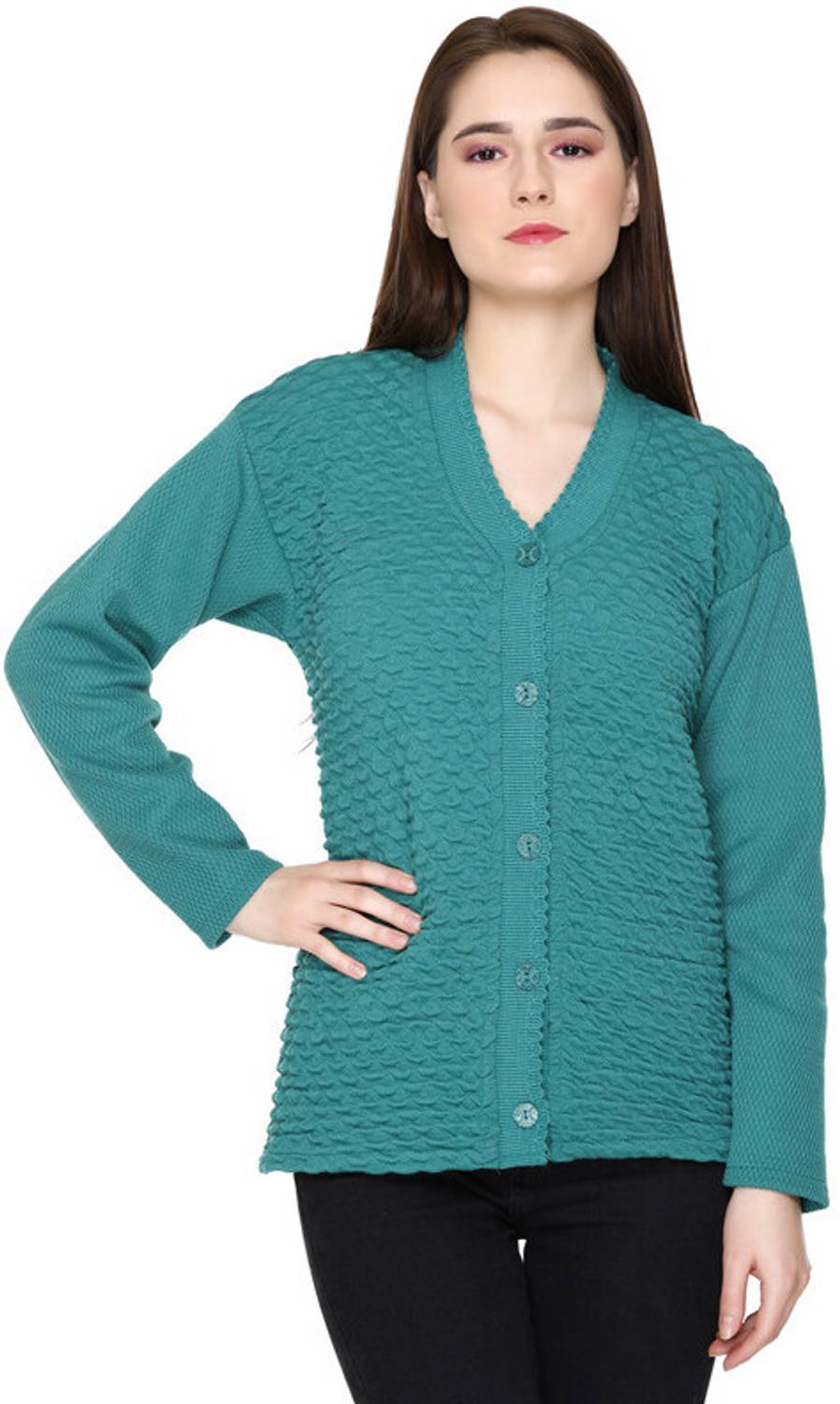 ENOV Woven V Neck Casual Women Green Sweater