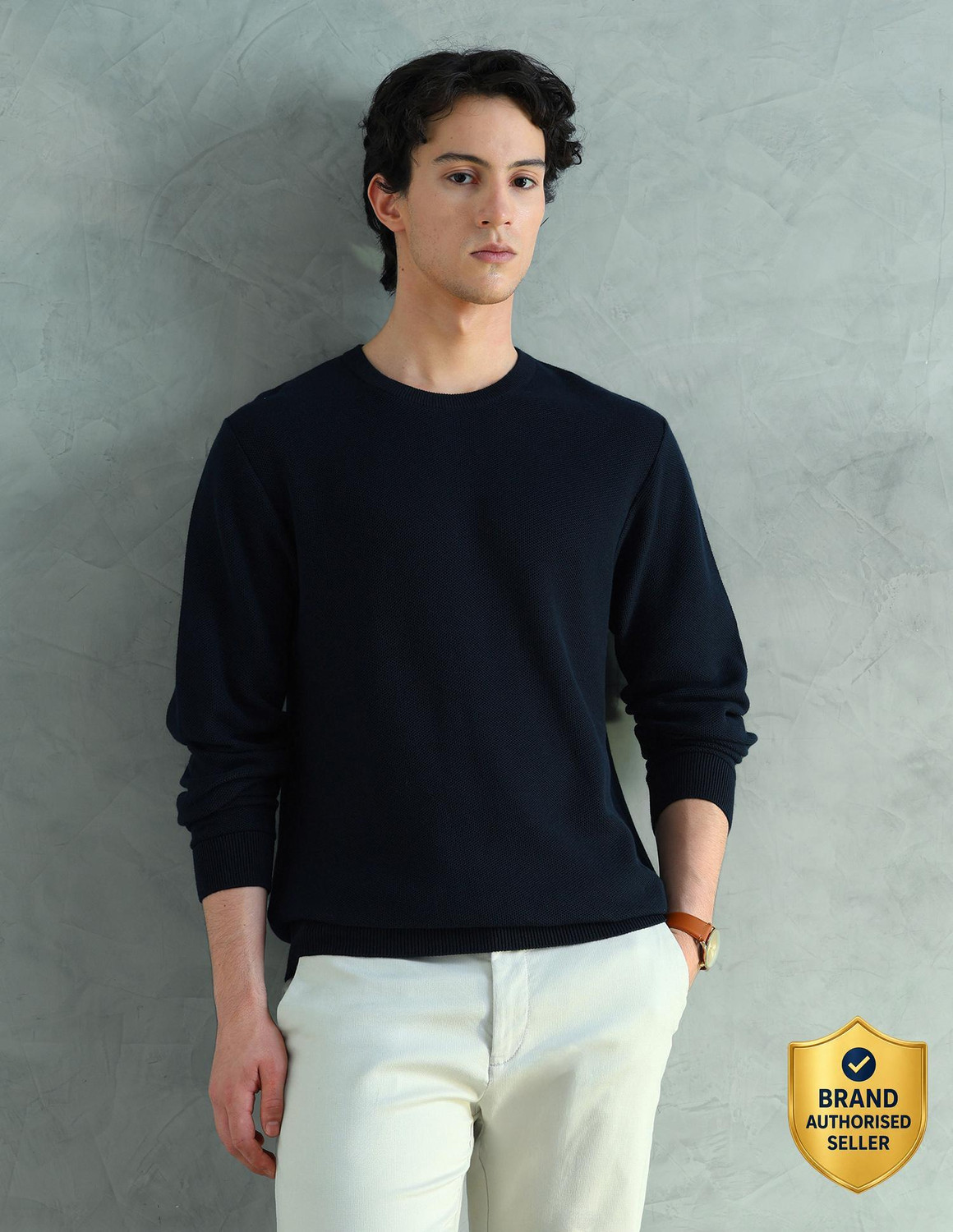 Image of Arrow Sport Men Self Design Round Neck Blue Sweater