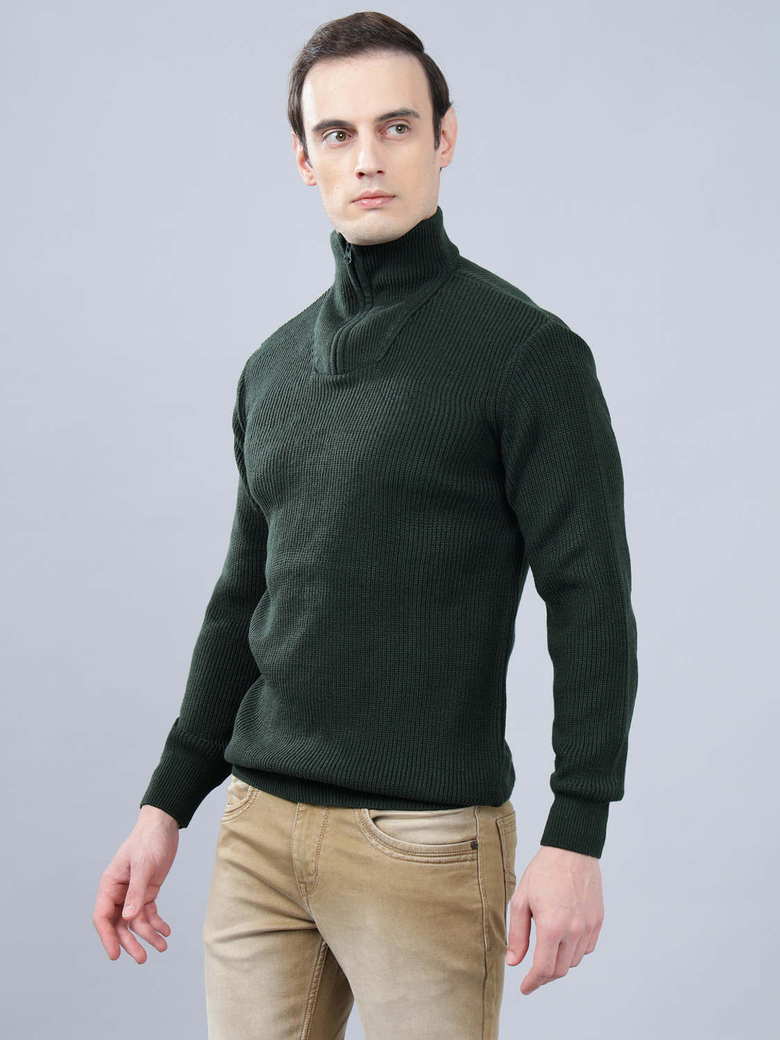 Image of CANTABIL Men Solid Mandarin Neck Dark Green Sweater