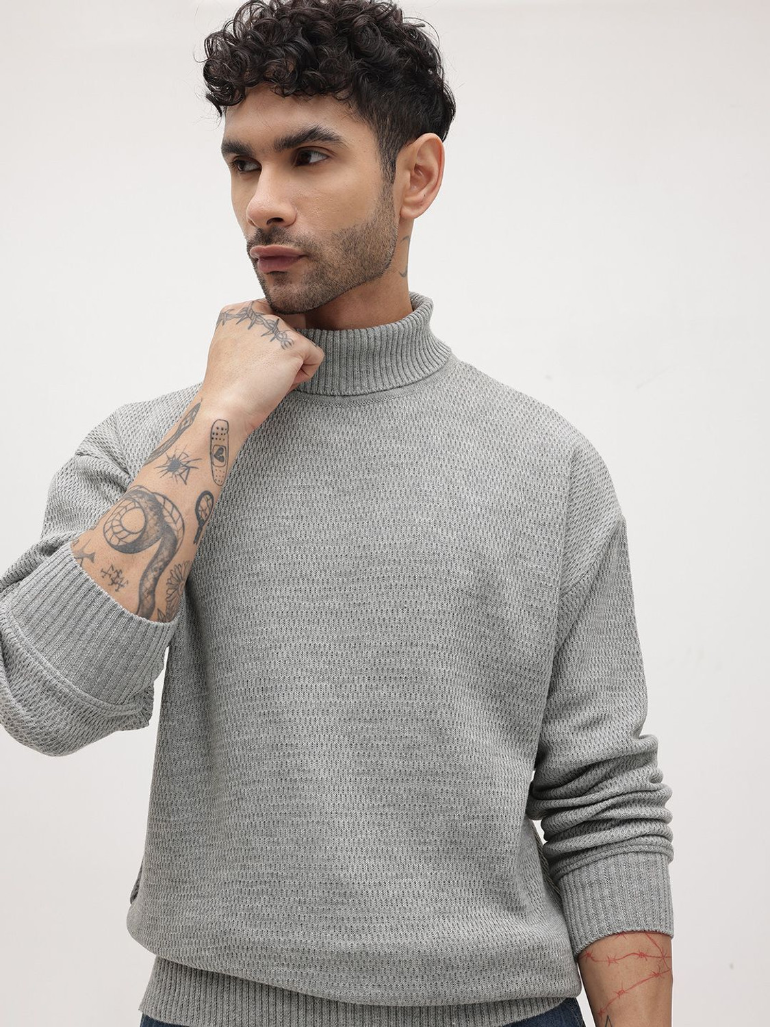 Image of Roadster Solid Turtle Neck Casual Men Grey Sweater
