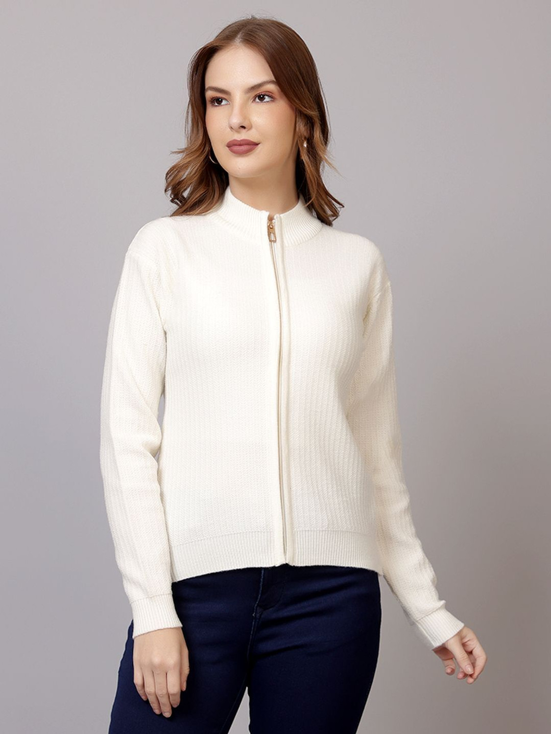 Image of FEVERFEW Self Design High Neck Casual Women White Sweater