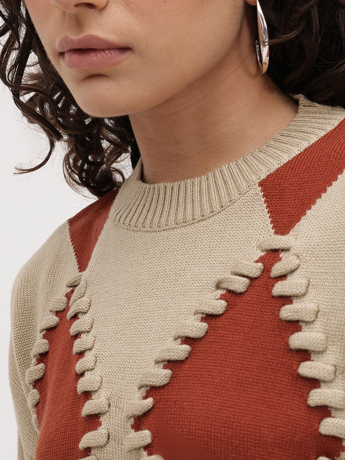 Image of Roadster Self Design Round Neck Casual Women Beige Sweater