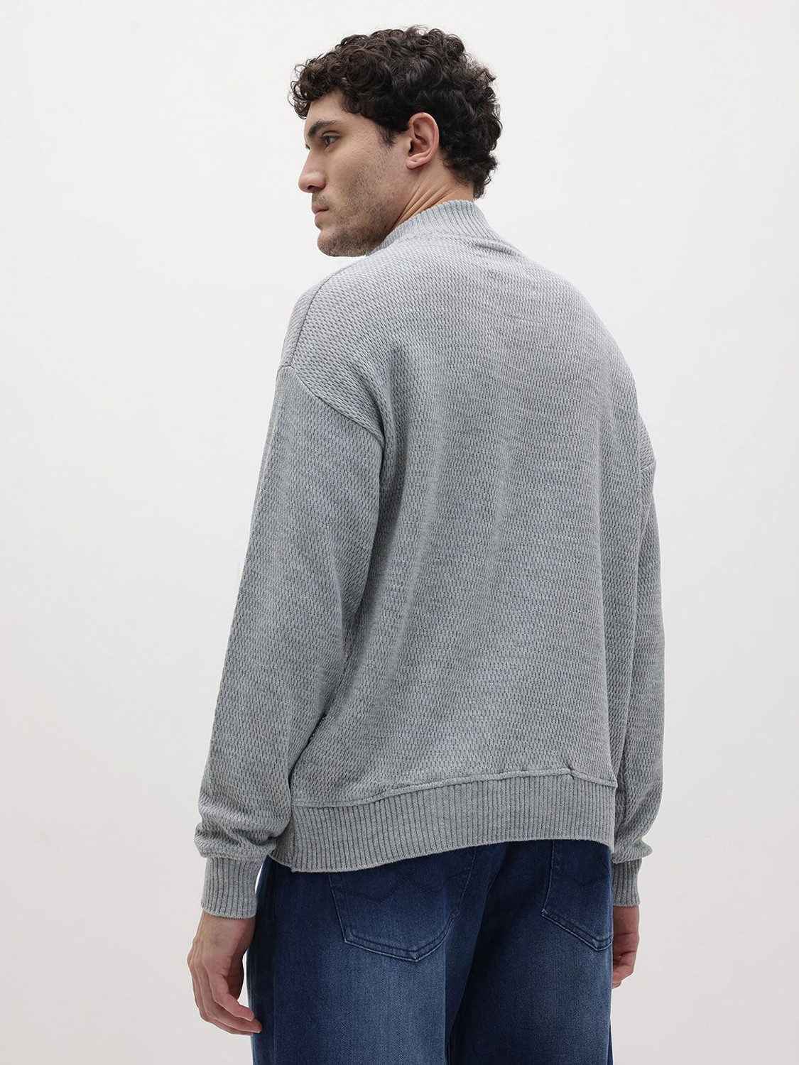 Image of Roadster Men Self Design Collared Neck Grey Sweater