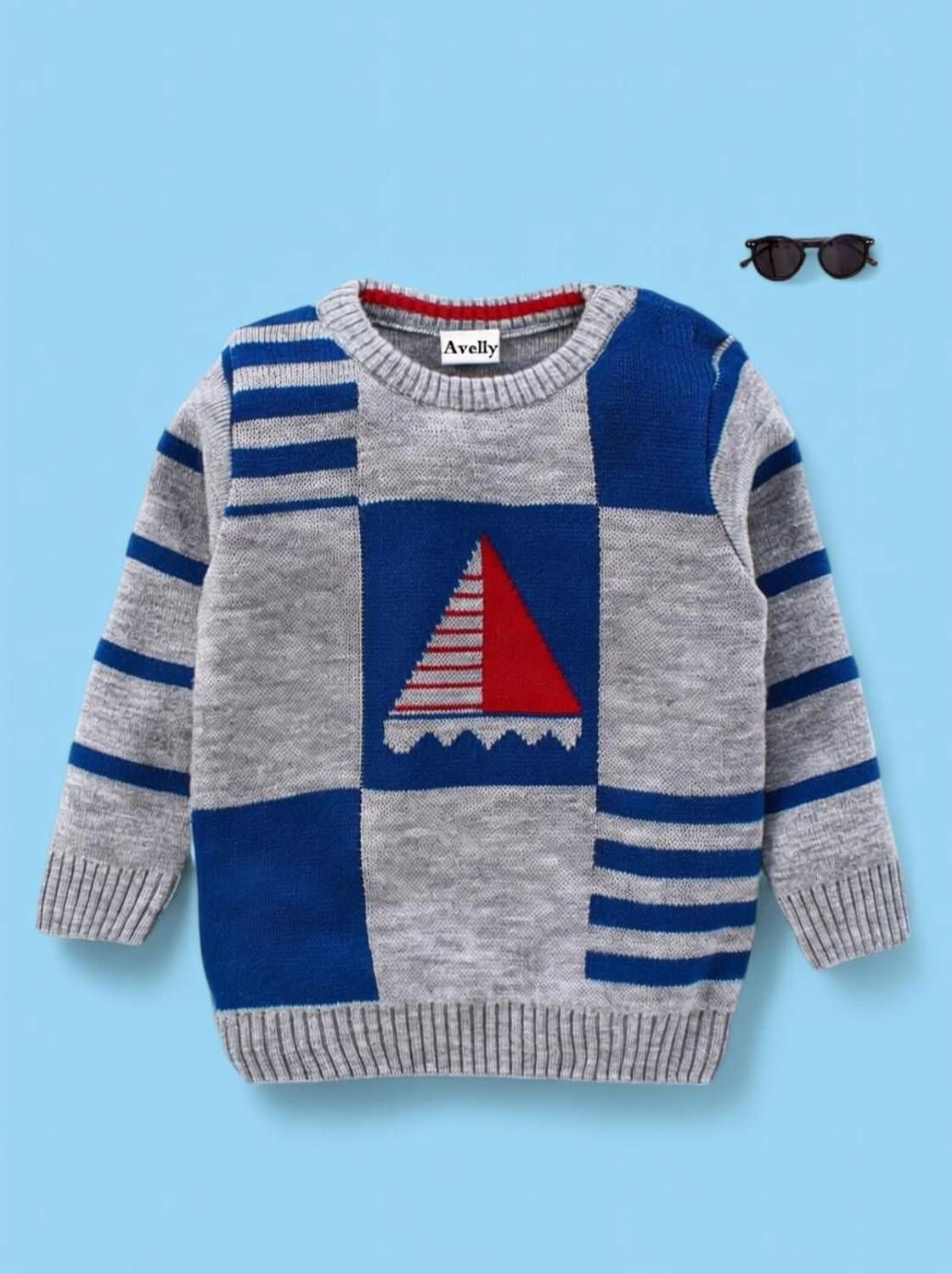 Avelly Printed Round Neck Casual Boys Grey Sweater