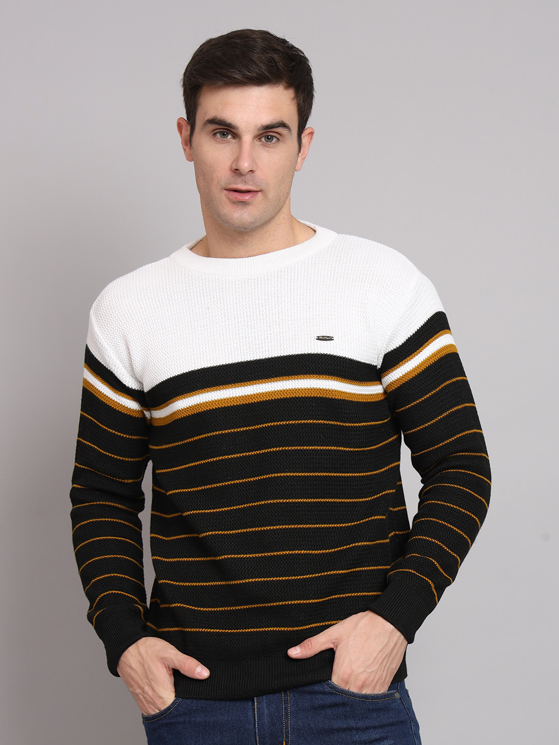 Image of eWools Striped Round Neck Casual Men White Sweater