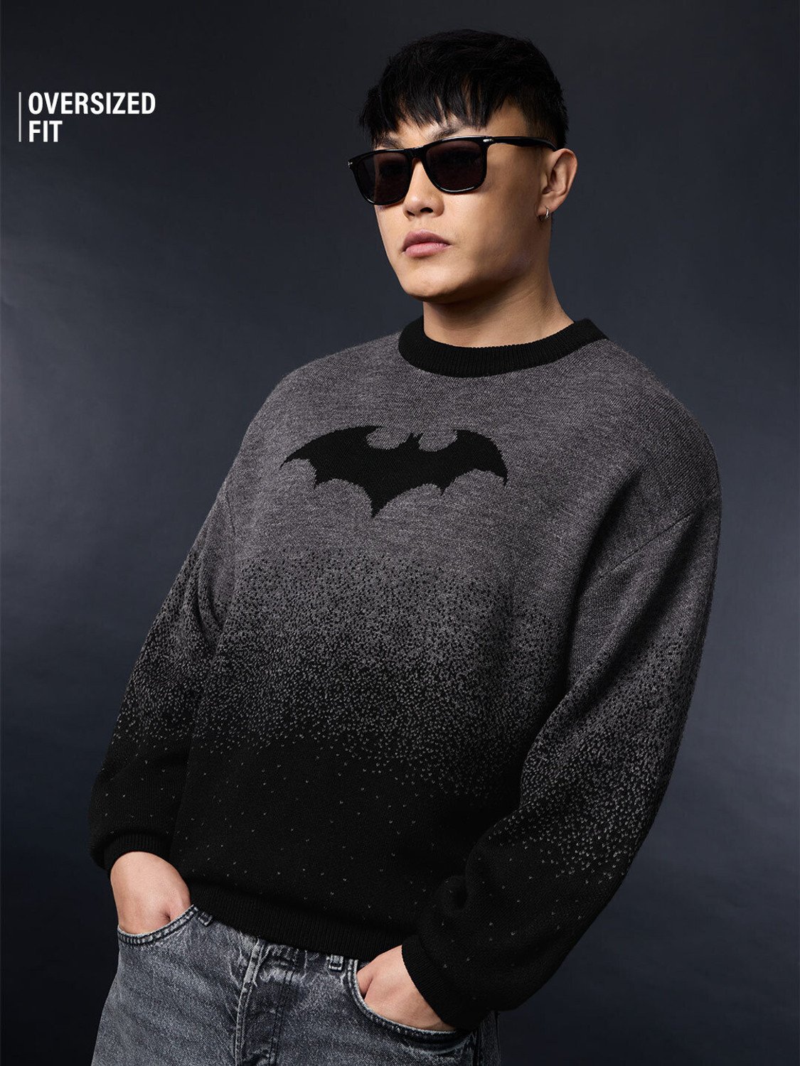 Image of The Souled Store Men Graphic Print Round Neck Grey Sweater