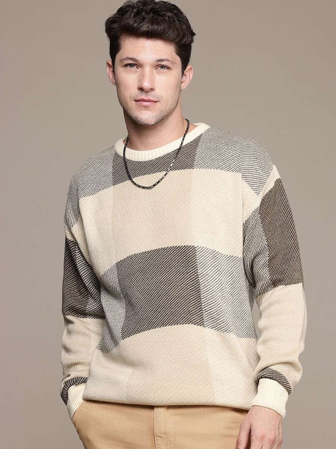 Image of Roadster Self Design Round Neck Casual Men Green Sweater