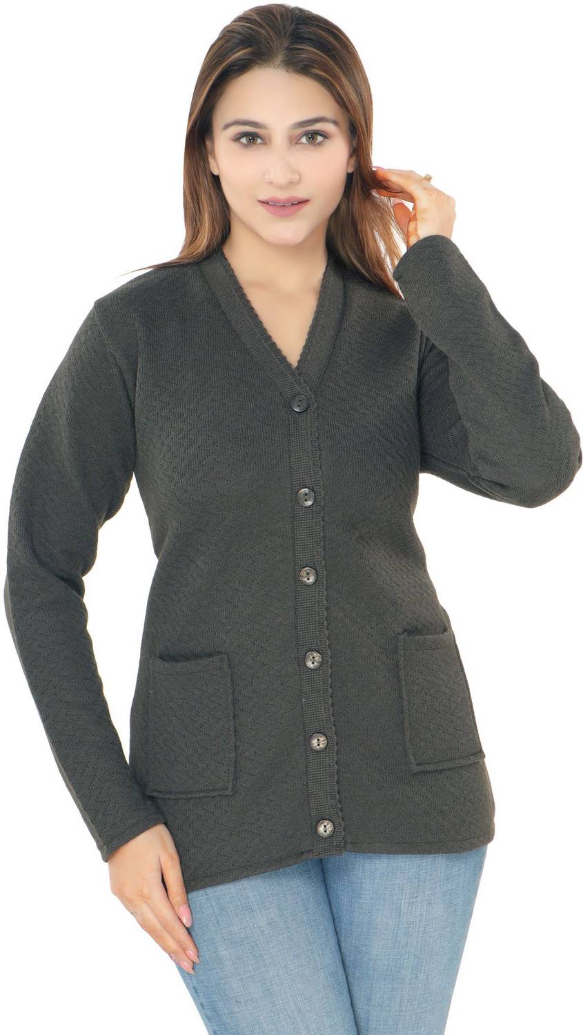 aarbee Solid V Neck Casual Women Dark Green Sweater