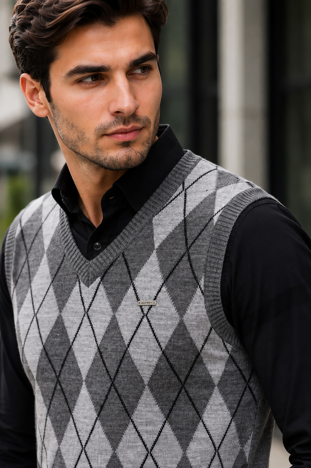 Image of GODFREY Men Checkered V Neck Grey Sweater
