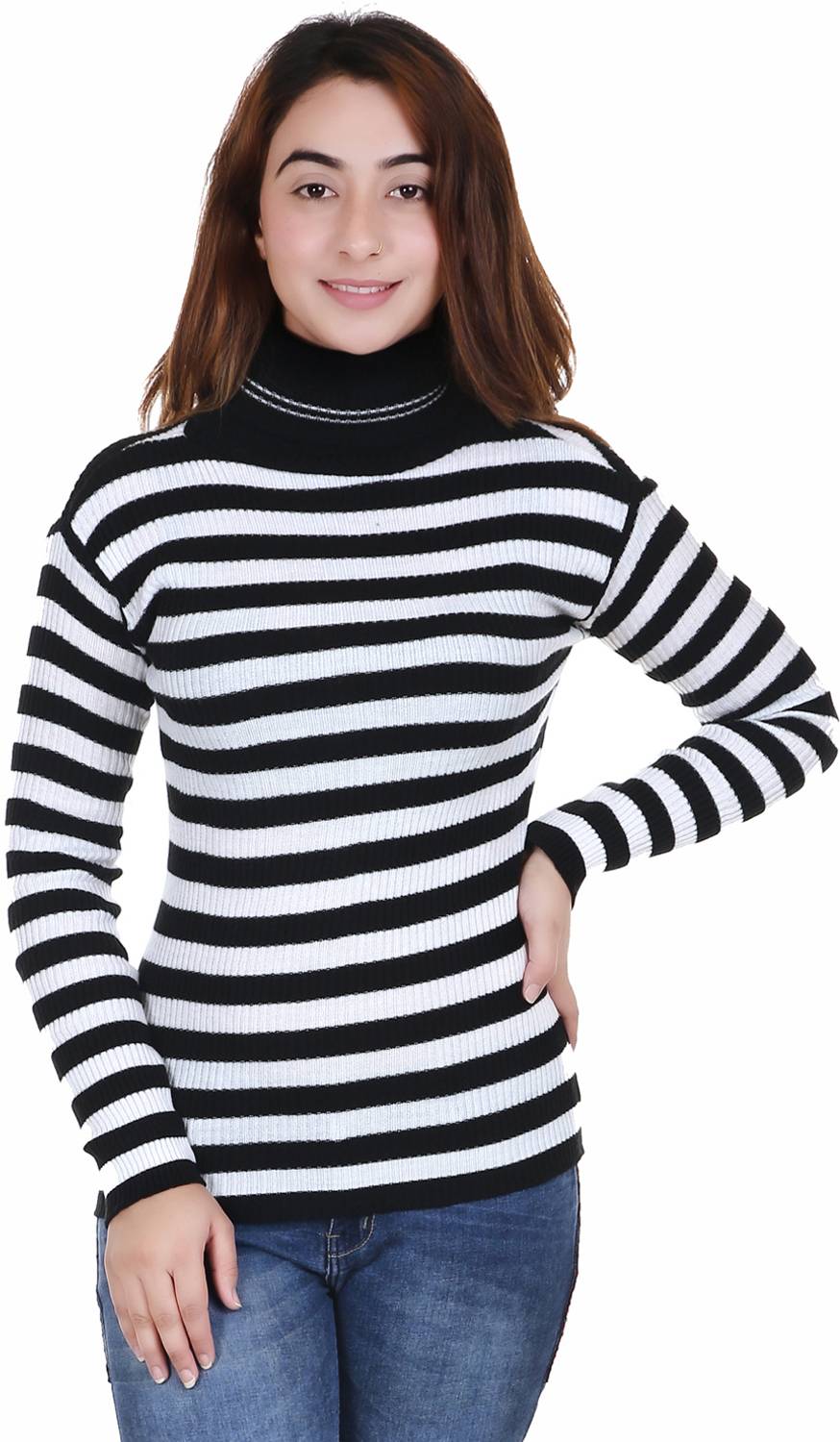 adibaba Solid Turtle Neck Casual Women White Sweater