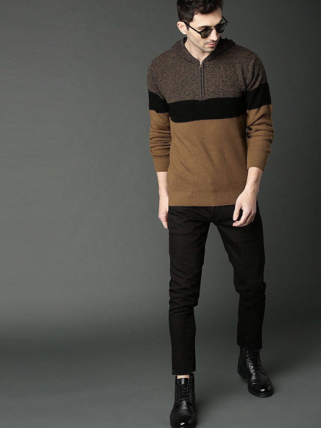Image of Roadster Colorblock Hooded Neck Casual Men Brown Sweater