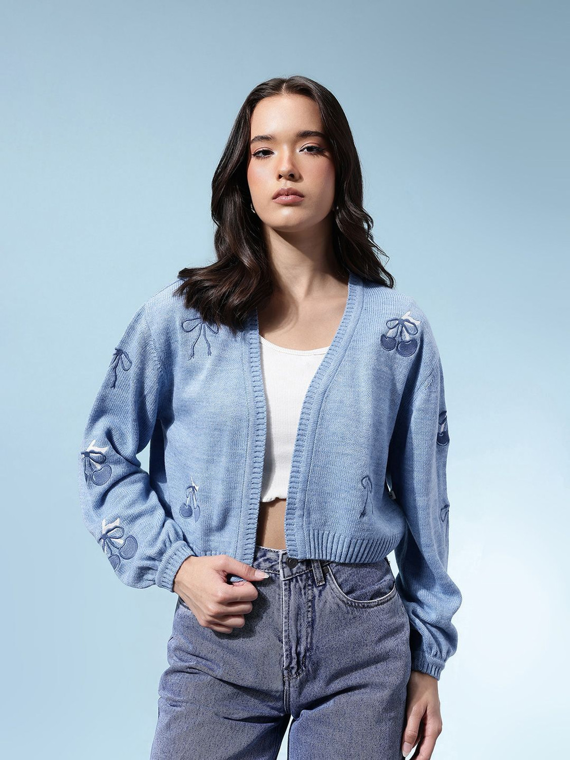 Image of Glitchez Embroidered Casual Women Blue Sweater