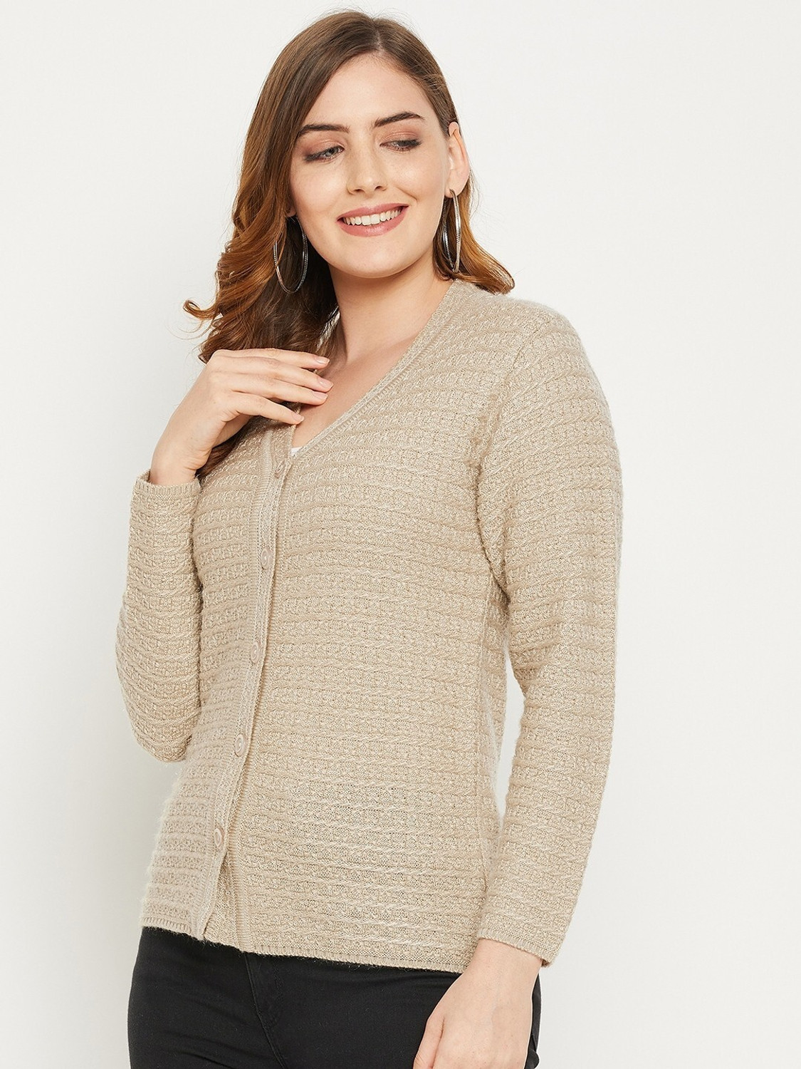 Image of Zigo Self Design V Neck Casual Women Beige Sweater
