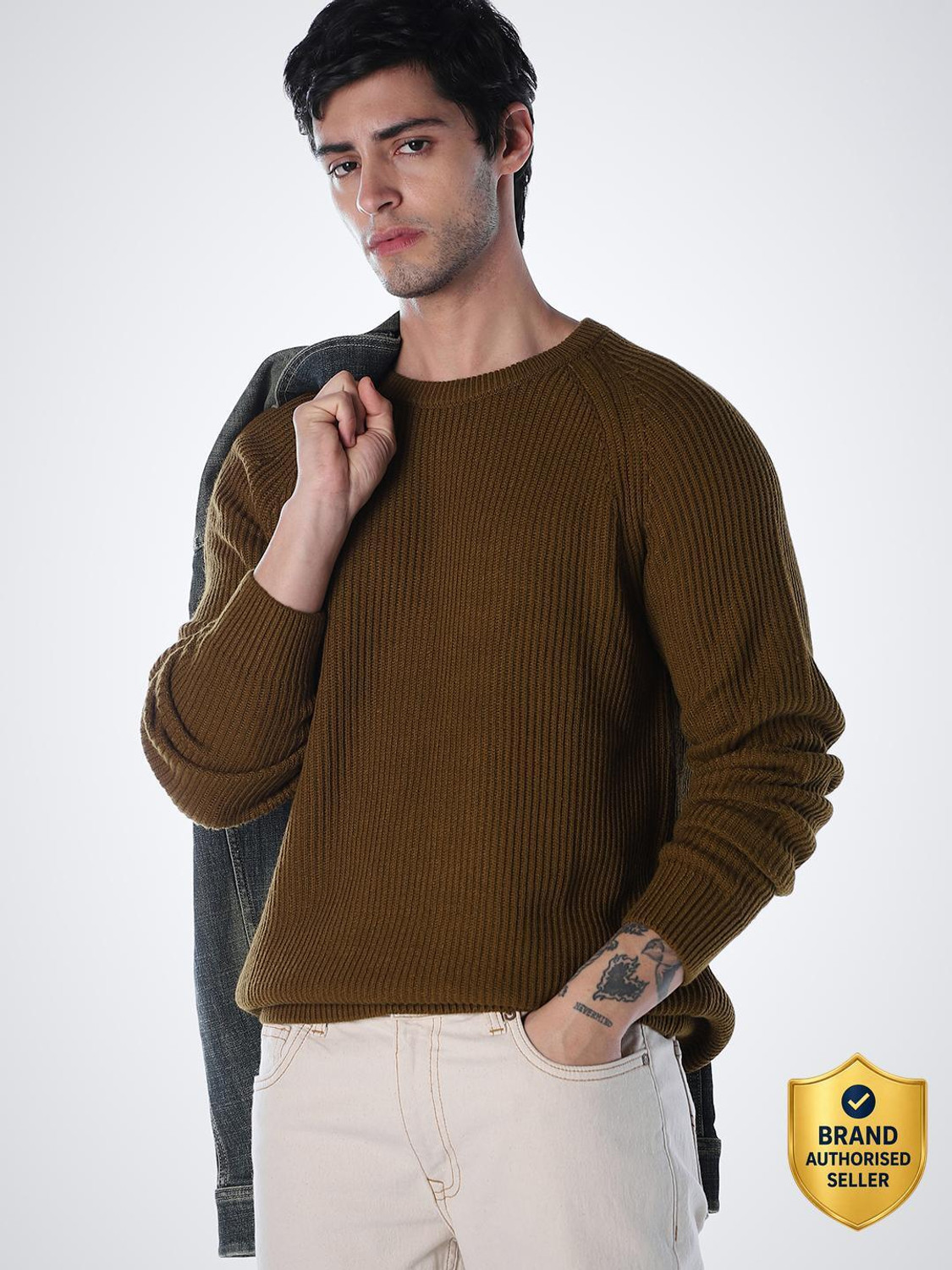 Image of JACK & JONES Self Design Crew Neck Casual Men Brown Sweater