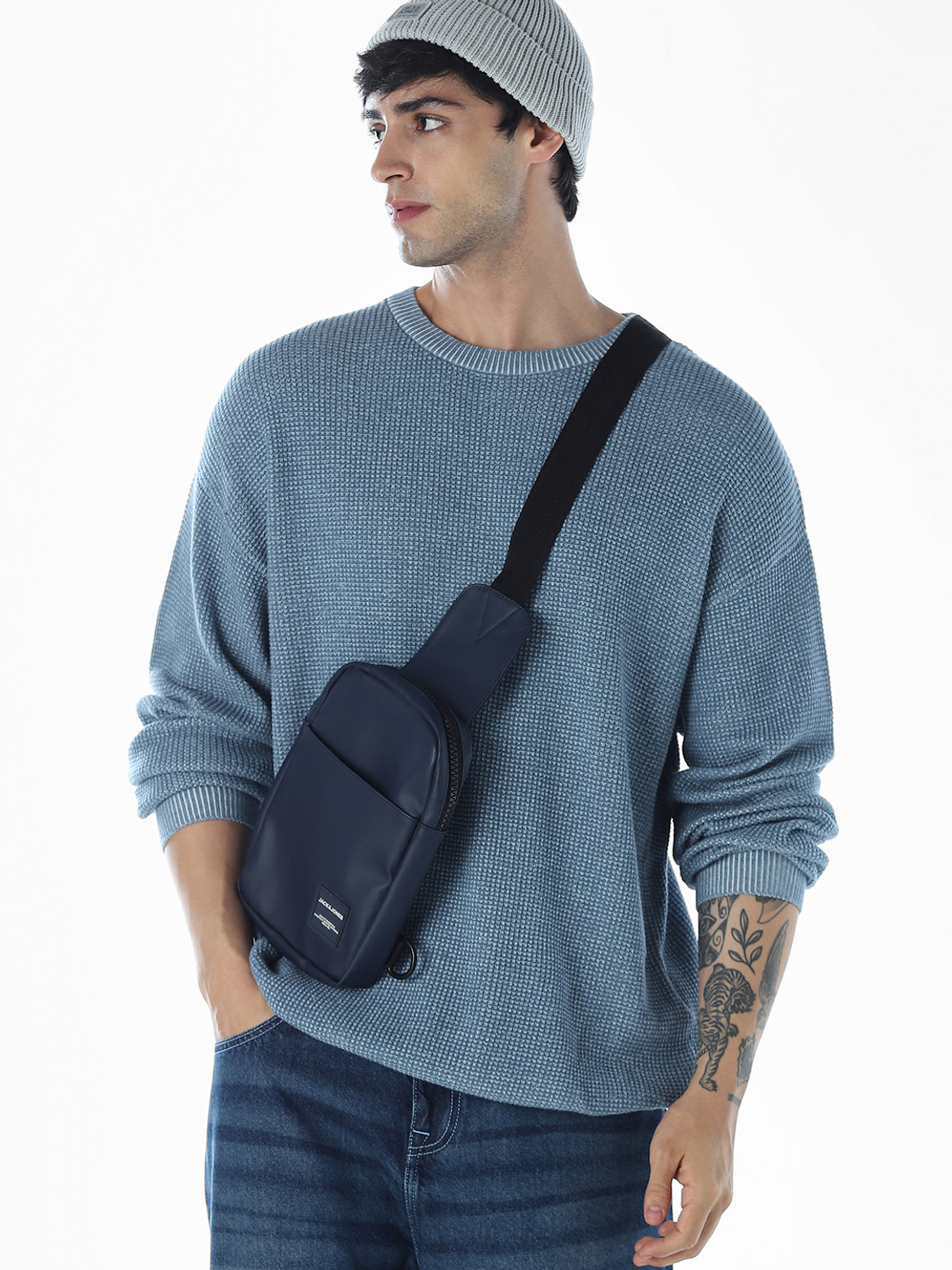 Image of JACK & JONES Solid Crew Neck Casual Men Blue Sweater