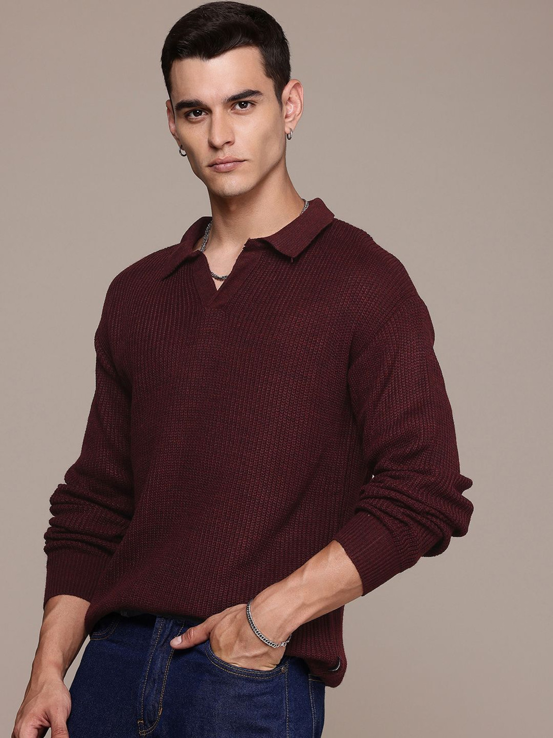 Image of Roadster Solid Collared Neck Casual Men Maroon Sweater