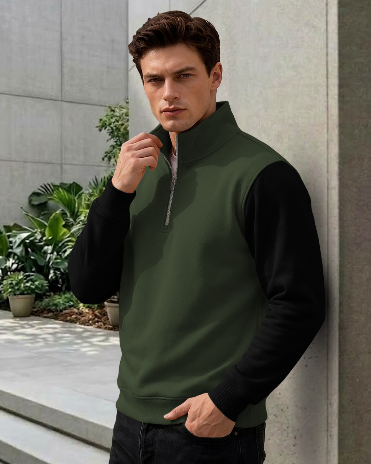 Image of TRIPR Men Colorblock High Neck Dark Green, Black Sweater