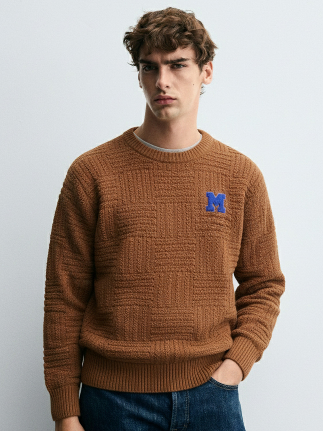 Image of HIGHLANDER Self Design Round Neck Casual Men Beige Sweater
