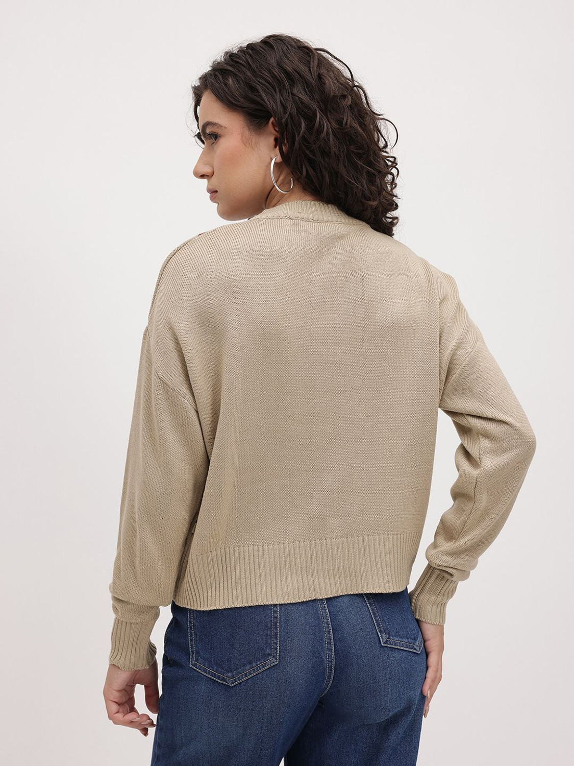 Image of Roadster Self Design Round Neck Casual Women Beige Sweater