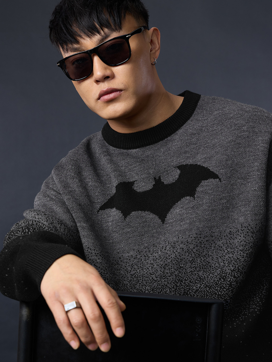 Image of The Souled Store Men Graphic Print Round Neck Grey Sweater