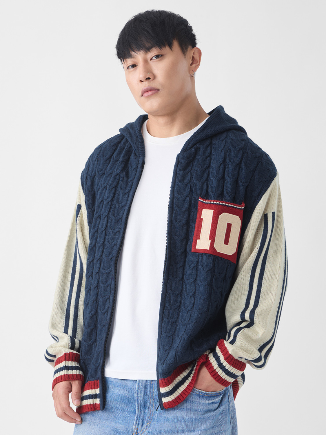 Image of The Souled Store Embroidered Hooded Neck Casual Men Dark Blue Sweater