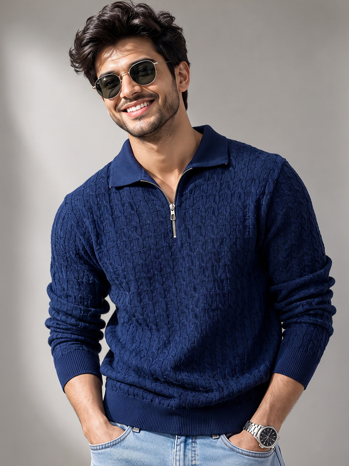 Image of ANM D1 Self Design Collared Neck Casual Men Blue Sweater