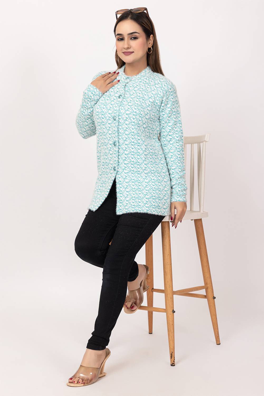 Aphrodite Polka Print Mandarin Neck Casual Women Blue Sweater