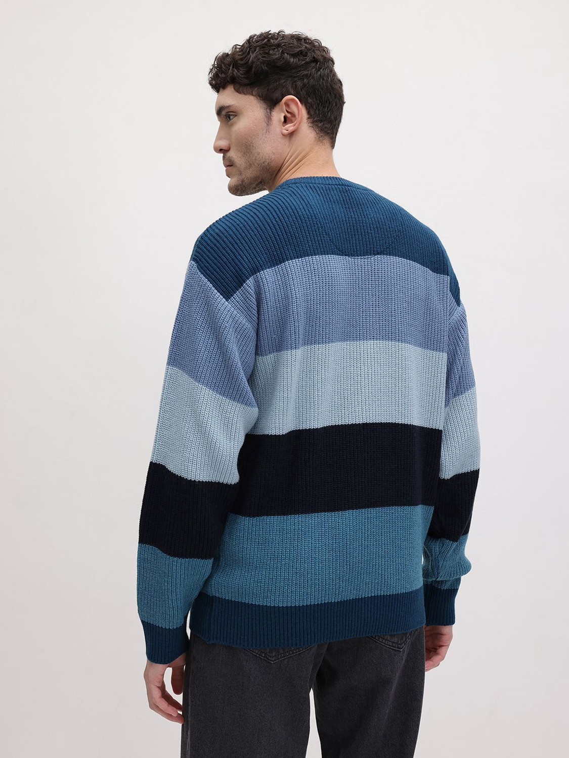 Image of Roadster Colorblock Round Neck Casual Men Blue Sweater