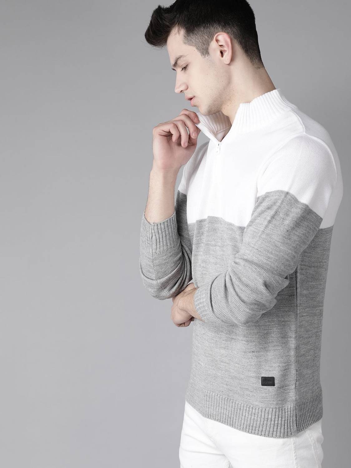 Roadster Grey Colorblock High Neck Men's Sweater - Image 1