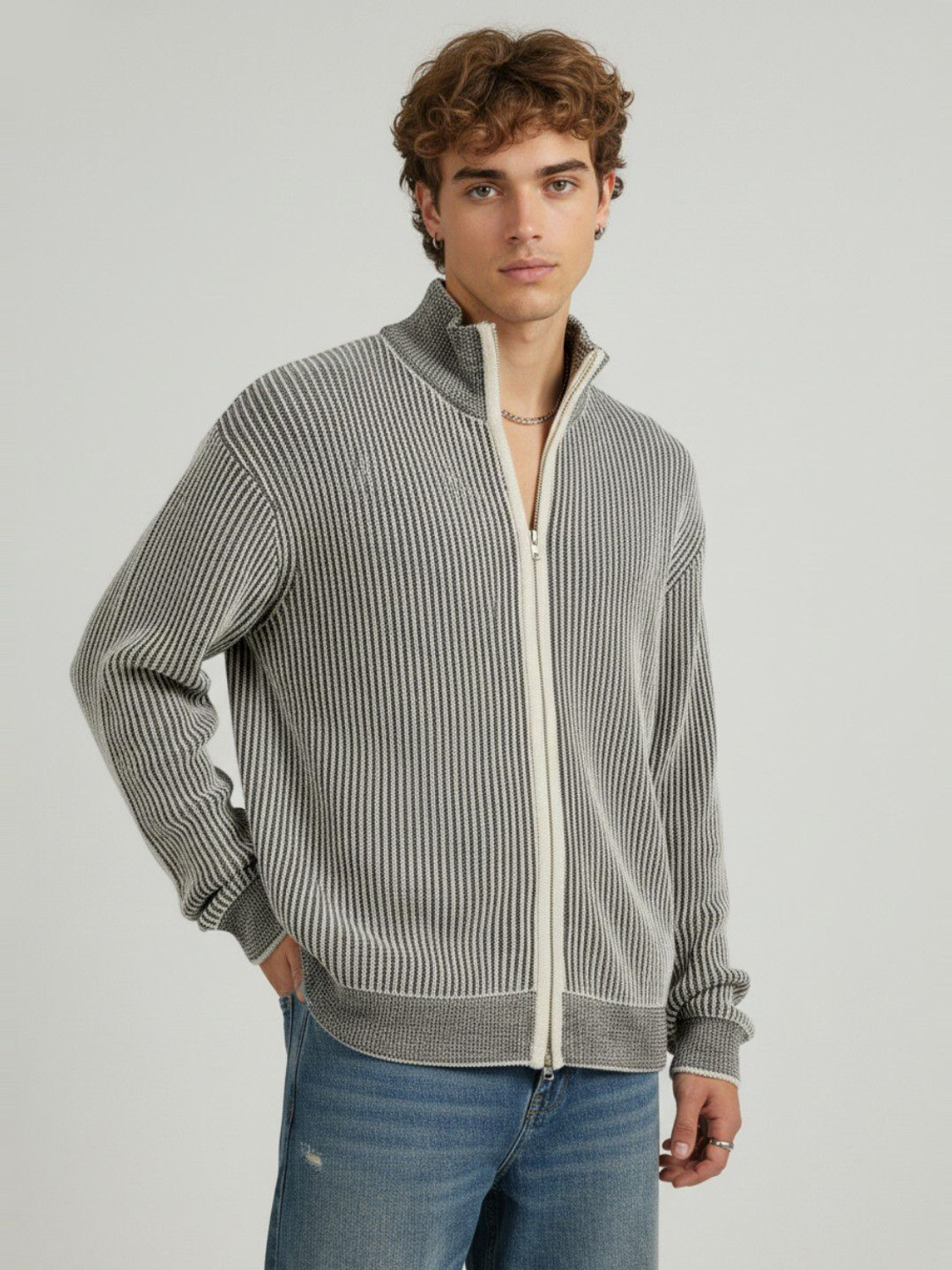 Image of Glitchez Self Design Collared Neck Casual Men Grey Sweater