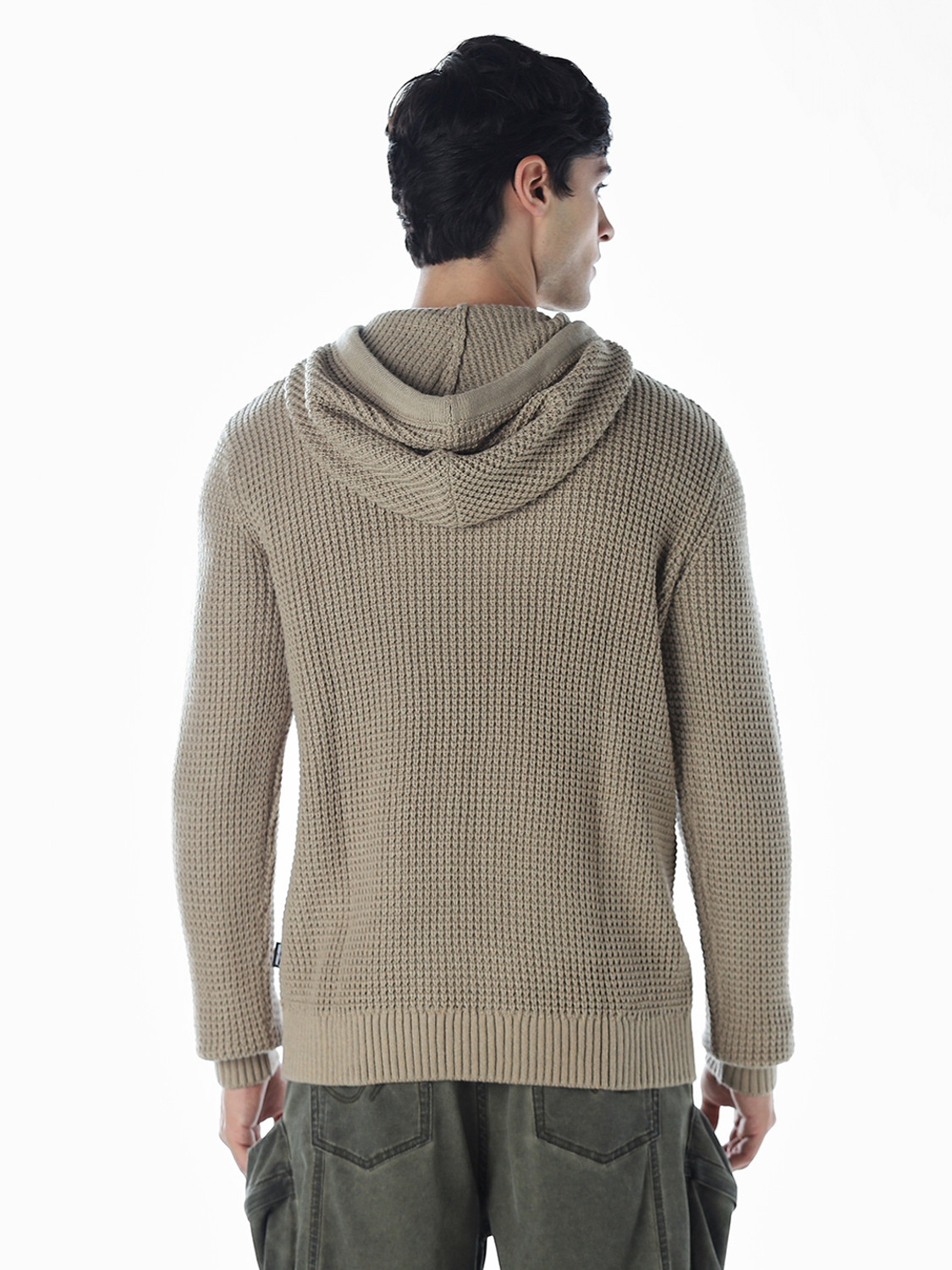 Image of JACK & JONES Men Self Design Hooded Neck Beige Sweater
