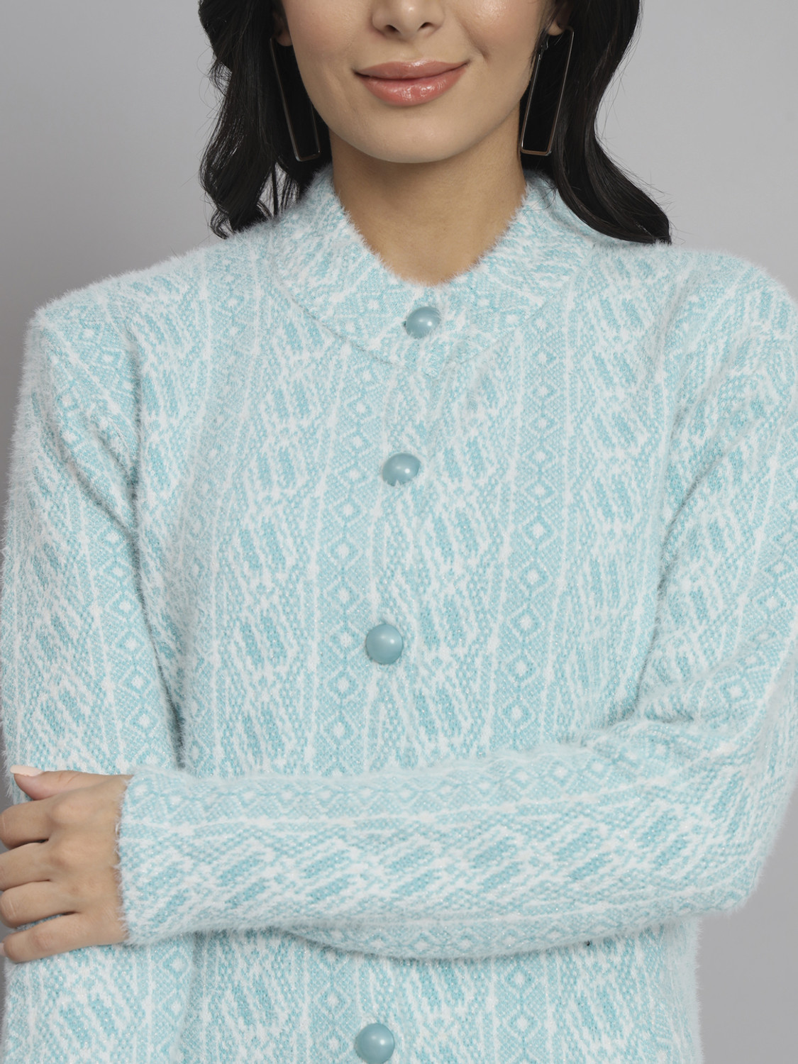 Image of eWools Women Woven Round Neck Light Blue Sweater