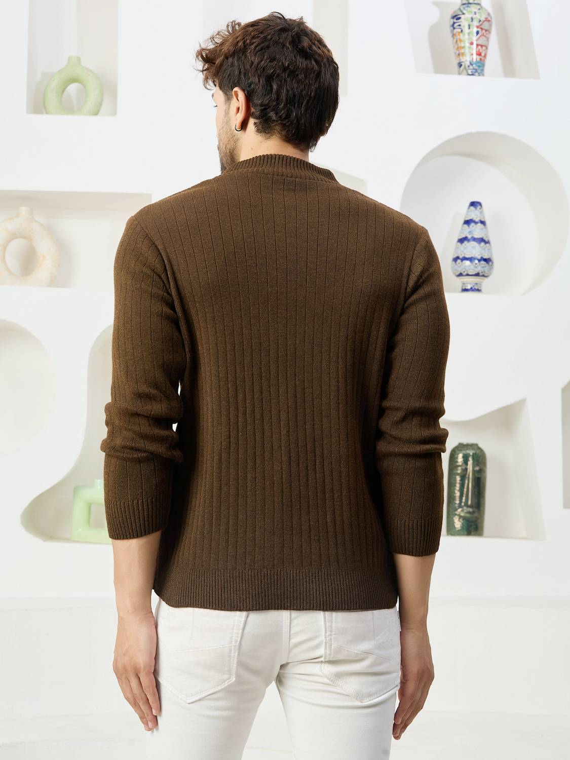 KVETOO Men Brown High Neck Casual Sweater - Image 2