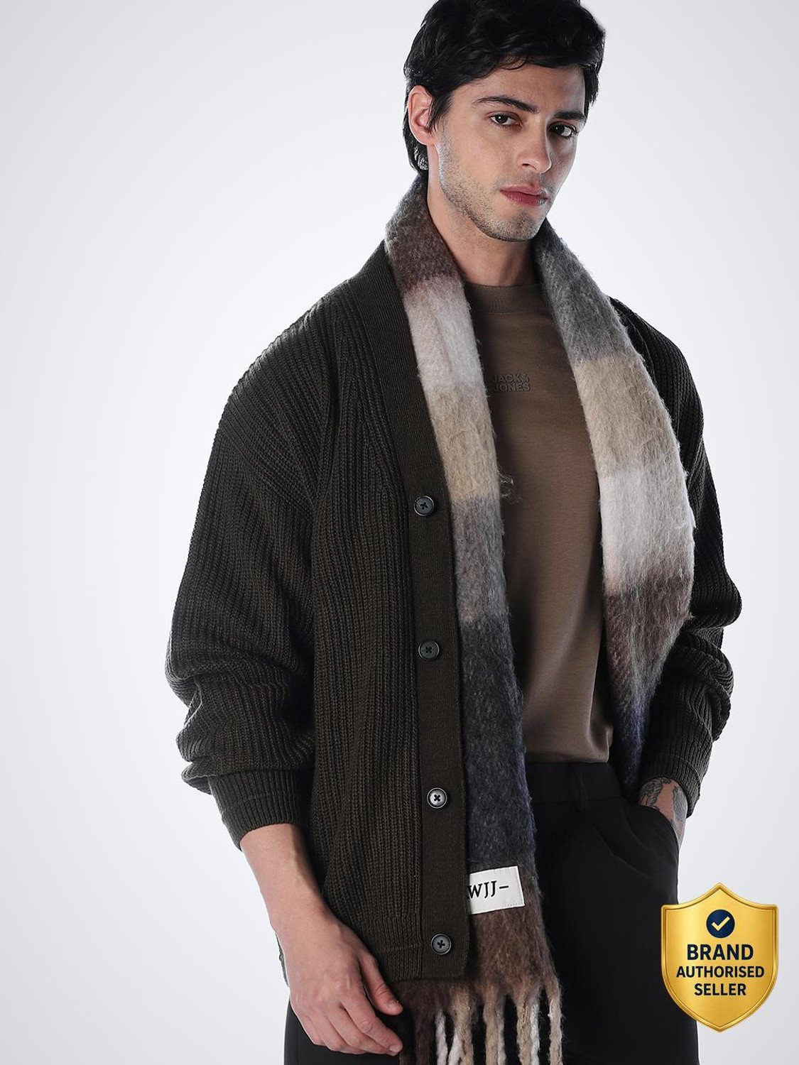 Image of JACK & JONES Self Design V Neck Casual Men Brown Sweater