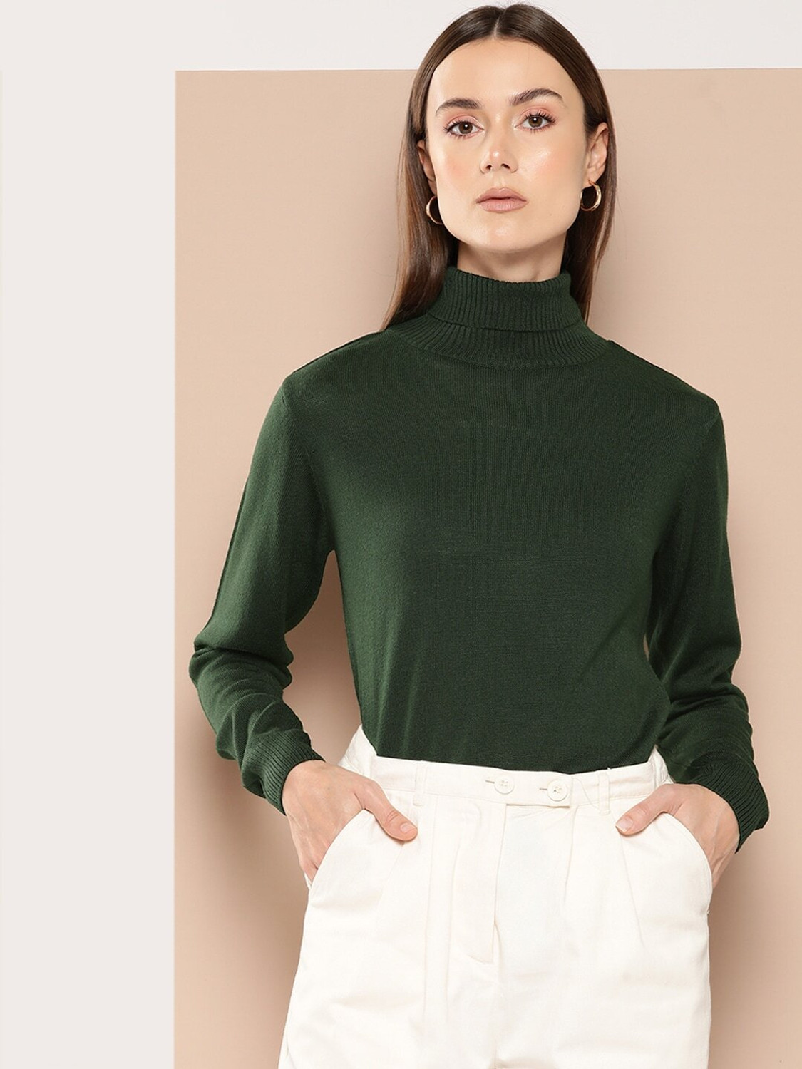 Image of her by invictus Solid Turtle Neck Casual Women Green Sweater