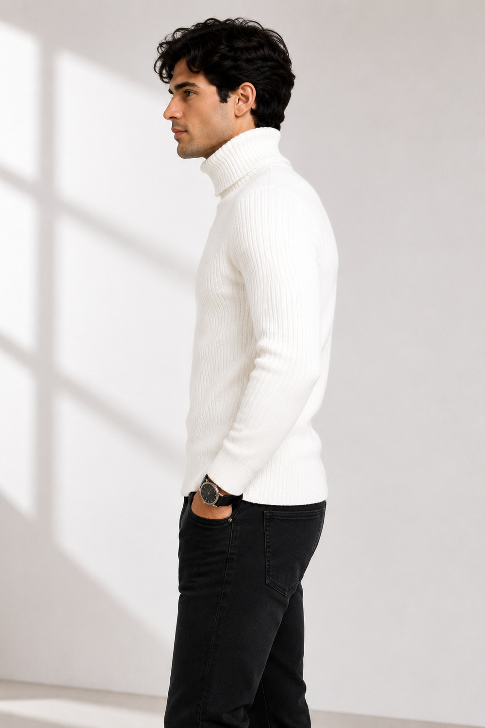 Image of Alltribe Men Solid High Neck White Sweater