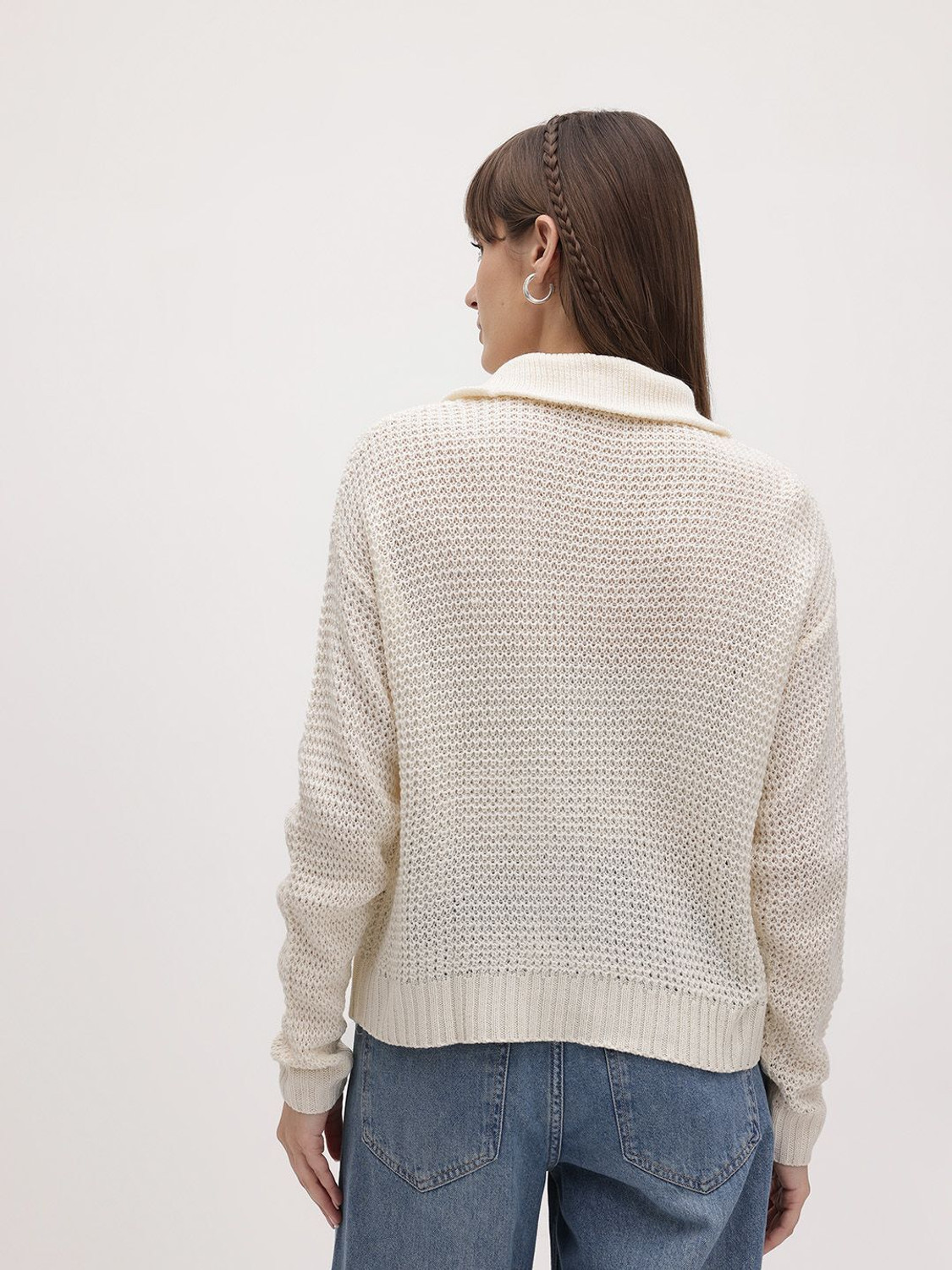 Image of Roadster Women Self Design Collared Neck White Sweater