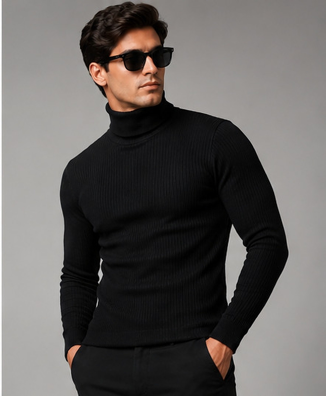 Image of LAWAIZAGARMENTS Men Self Design High Neck Black Sweater
