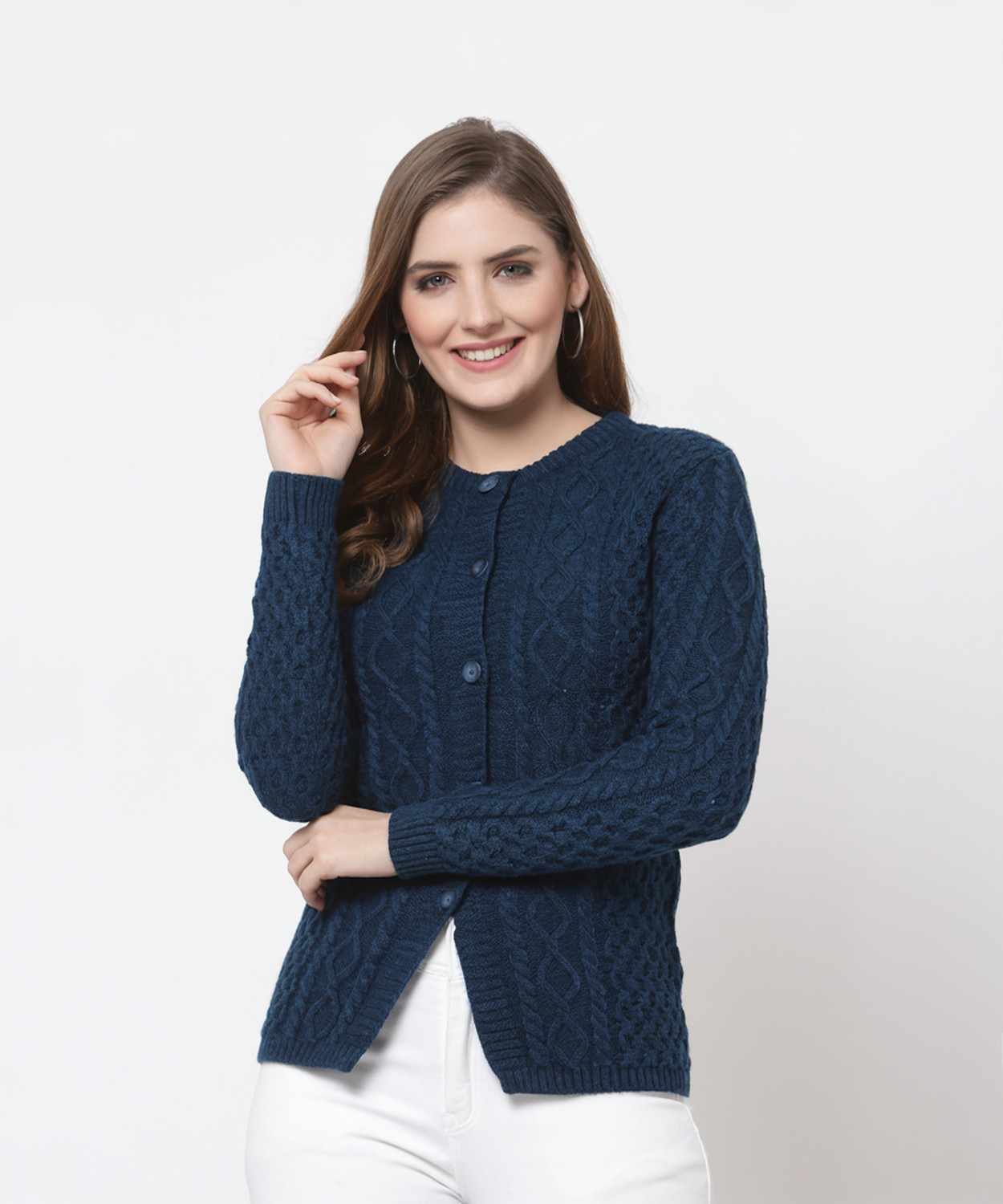 Image of KALT Self Design Round Neck Casual Women Dark Blue Sweater