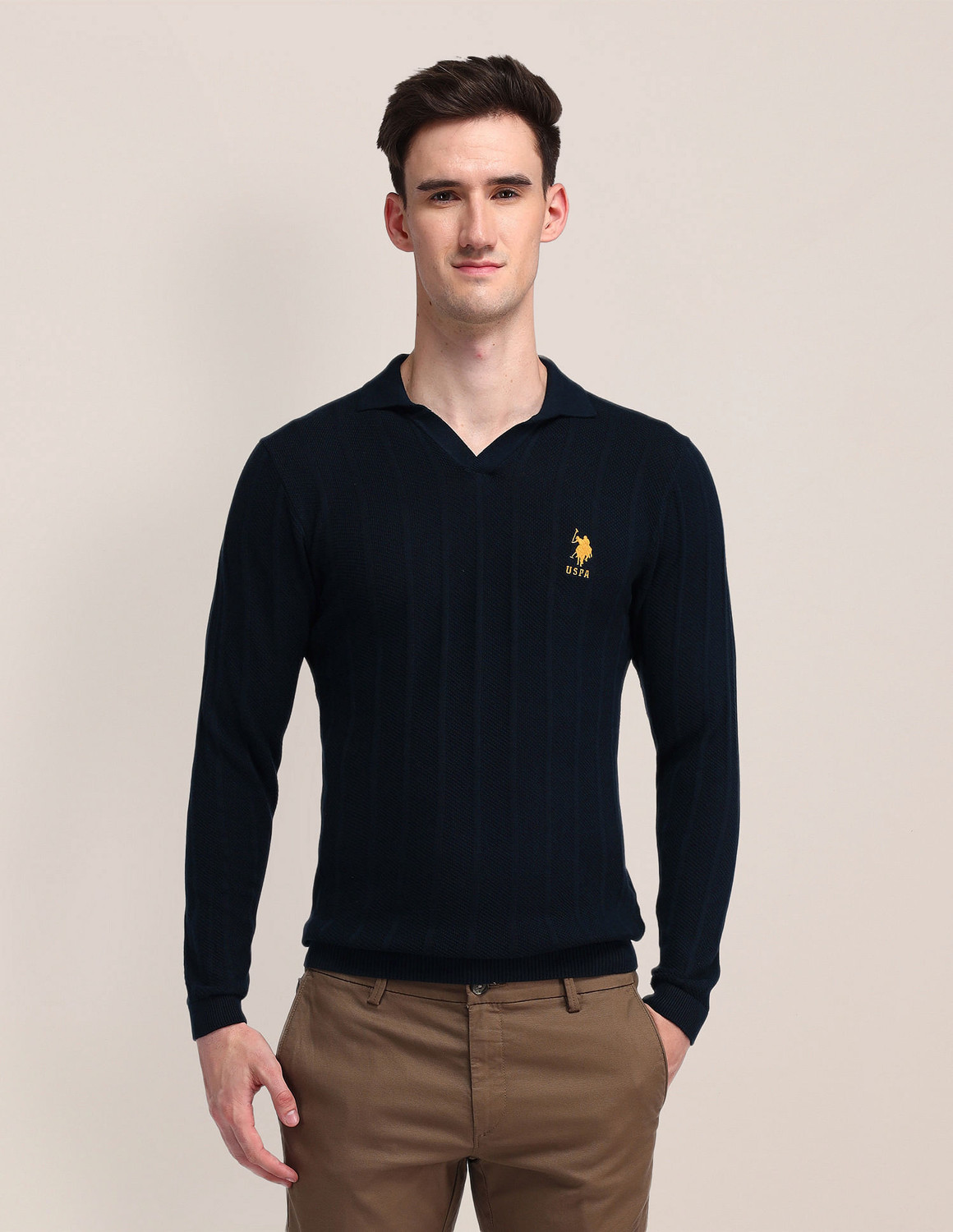Image of U.S. POLO ASSN. Printed Collared Neck Casual Men Blue Sweater