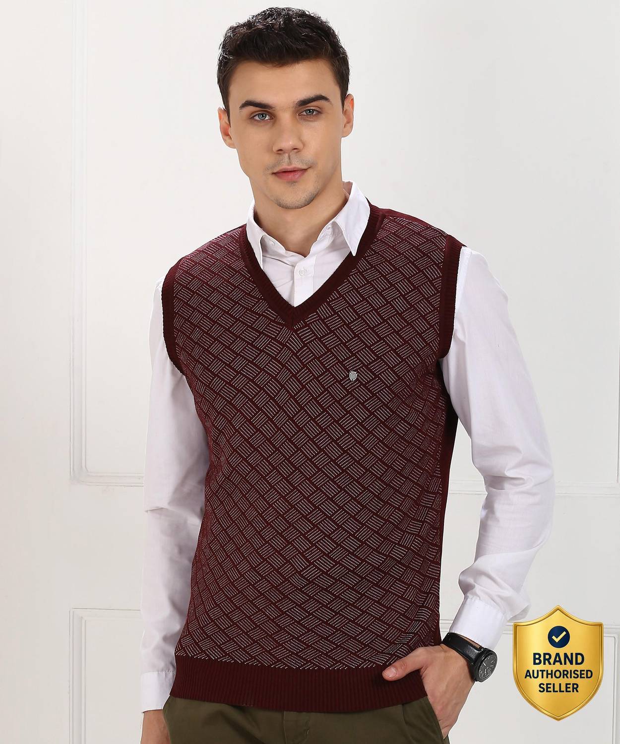 Blackberrys Self Design V Neck Casual Men Maroon Sweater
